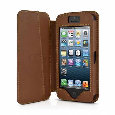 Beyzacases - Custodia in Pelle Folio per iPhone 5 - Marrone Chiaro