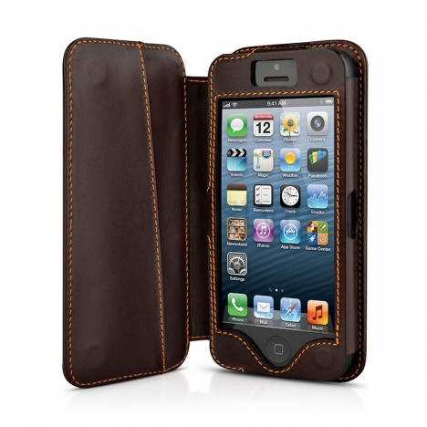 Beyzacases - Custodia in Pelle Folio per iPhone 5 - Marrone Scuro