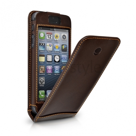 Beyzacases - Custodia in Pelle Serie Flip per iPhone 5 - Marrone Scuro