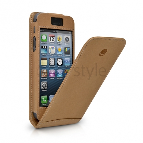 Beyzacases - Custodia in Pelle Serie Flip per iPhone 5 - Marrone Scuro