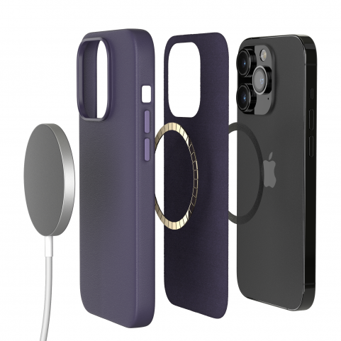 Cover in Eco Pelle Viola per iPhone 14 Pro + Supporto MagSafe - LeatherSoft PRO®